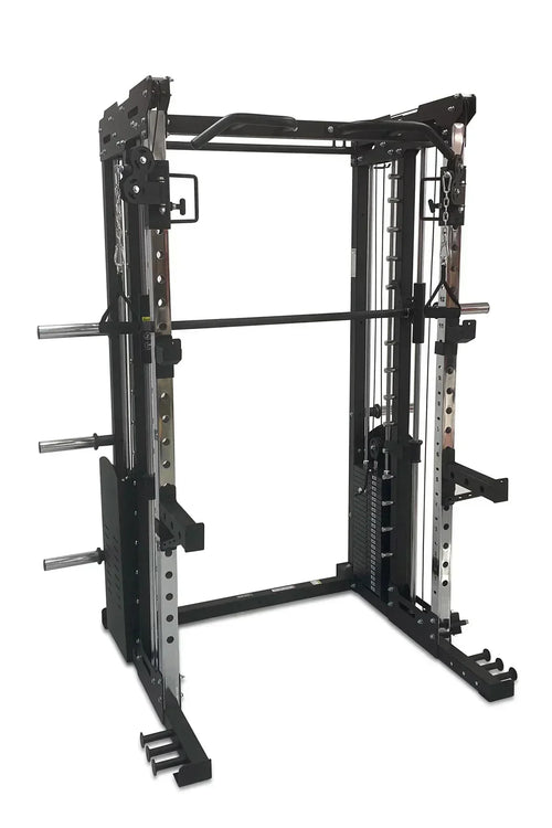 All-in-one functional trainer and power rack combo with dual adjustable pulleys, weight stack, pull-up bar, and barbell storage, designed for versatile full-body strength training in a home gym setup.