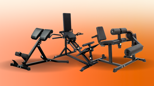 Blog banner on a gradient orange background featuring Body Iron Hyper Extension Bench, Compact Leg Press & Calf Raise Machine, and Leg Extension & Curl Machine, showcasing essential lower body home gym equipment
