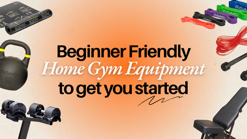 Beginner-friendly home gym equipment including a skipping rope, exercise mat, adjustable bench, power bands, adjustable dumbbells and a kettlebell, with text reading ‘Beginner Friendly Home Gym Equipment to Get You Started’