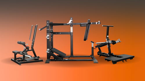 Blog banner on an orange gradient background featuring Body Iron Commercial Pendulum Squat Machine, Compact Belt Squat, and Standing Hip Thrust Machine, showcasing top home gym equipment for lower body strength