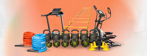 Blog banner on an orange gradient background featuring battle ropes, treadmill, kettlebells, medicine balls, and an elliptical trainer, representing a variety of gym equipment for achieving New Year fitness goals in Australia.