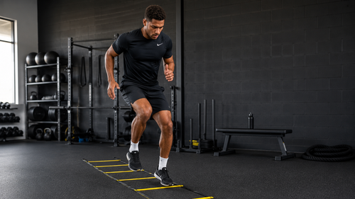 athlete performing agility ladder speed drill for sports training