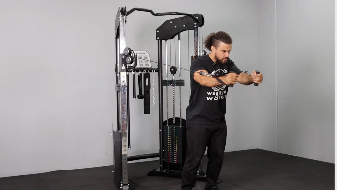 standing cable chest press exercise using a functional trainer for chest strength