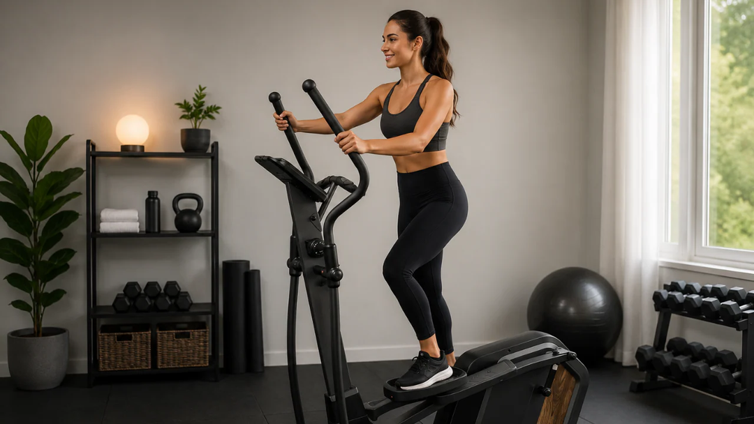 person performing elliptical machine workout in modern home gym