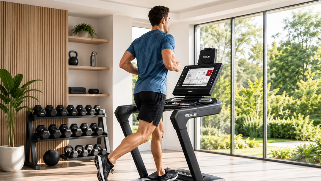 runner performing treadmill workout in modern home gym