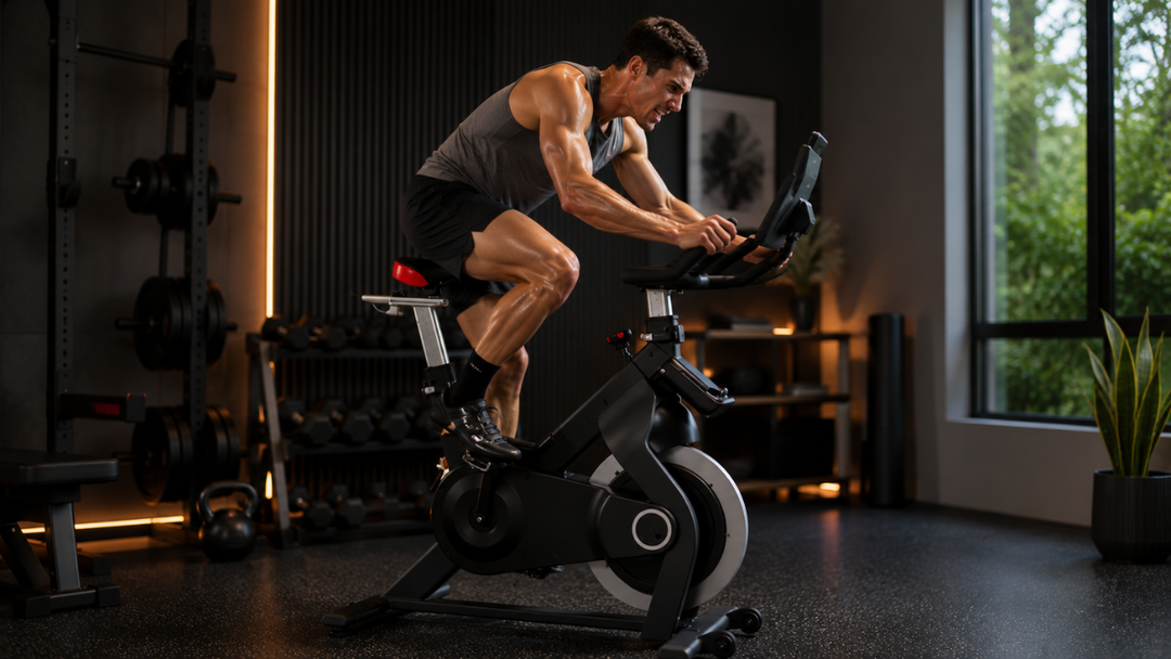 spin bike HIIT workout in modern home gym