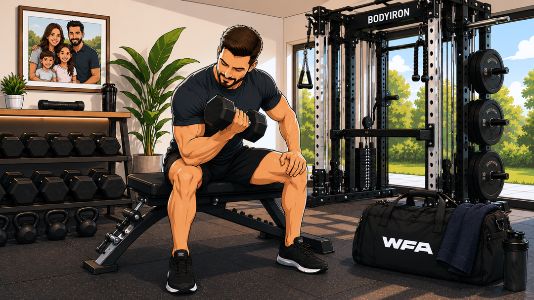 father using home gym equipment for fitness training