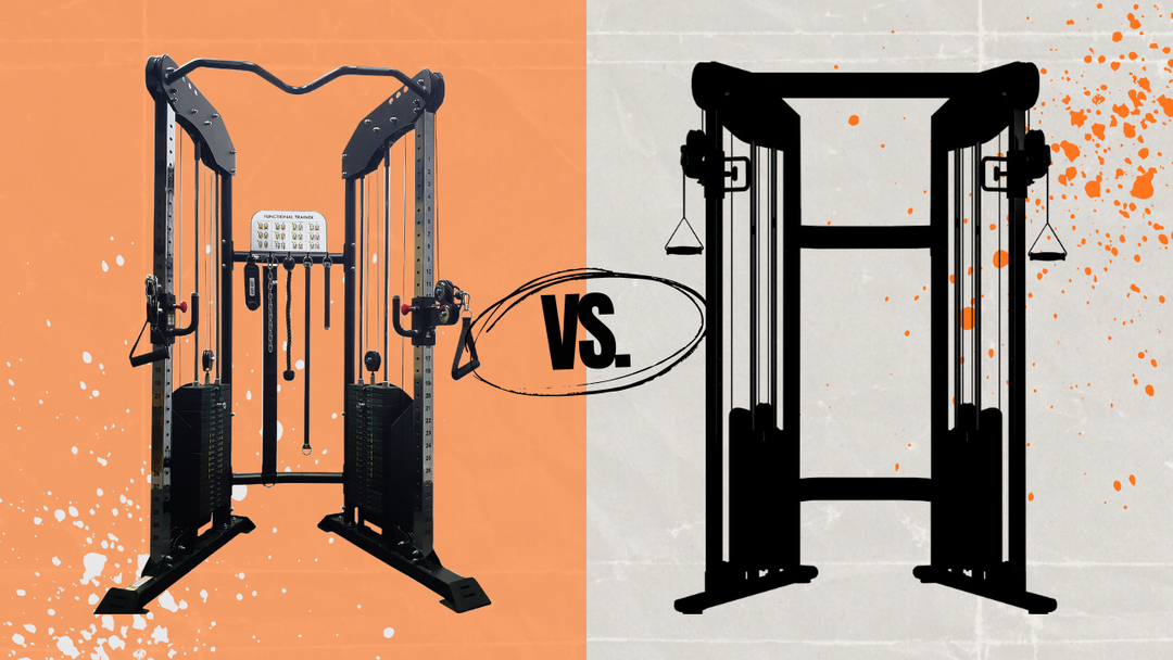 Body Iron BFX250 commercial functional trainer shown versus a shadowed competitor machine
