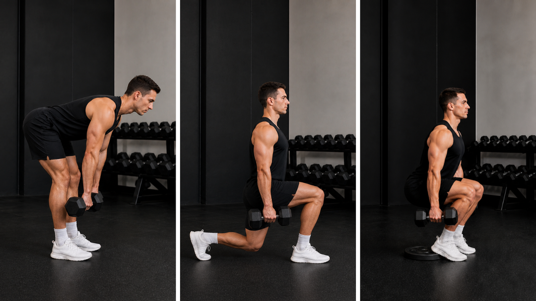 dumbbell leg workout showing stiff leg deadlift reverse lunge and heel elevated squat
