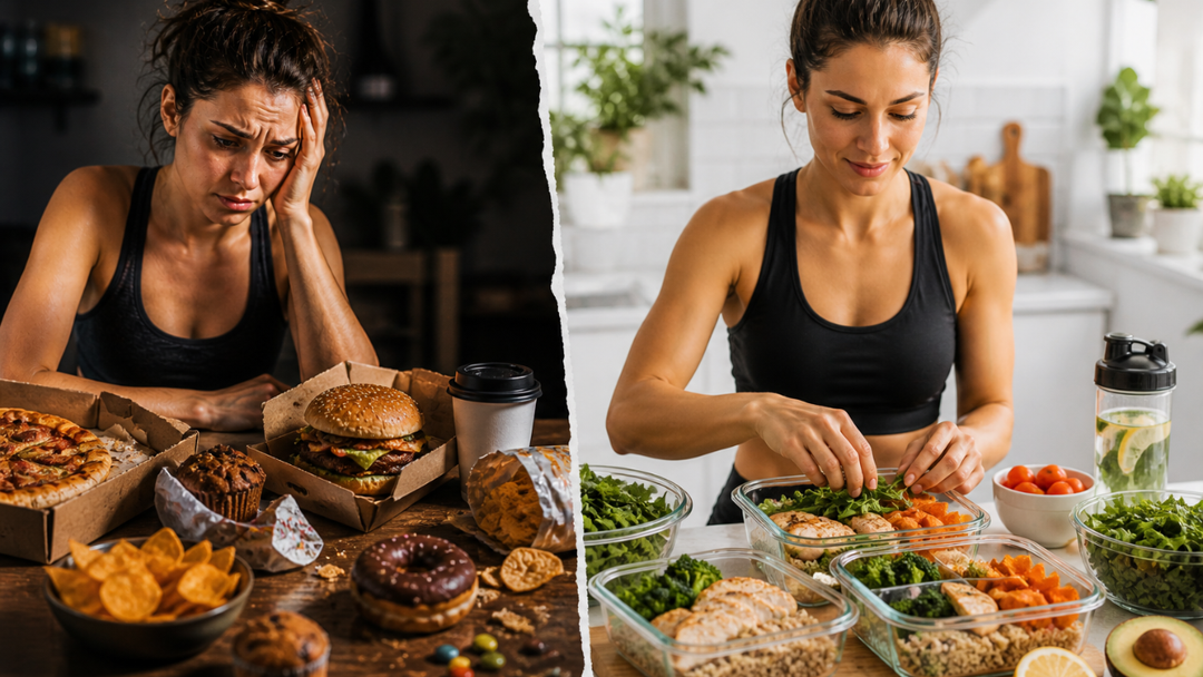 unhealthy eating vs healthy meal prep comparison weight loss and fitness lifestyle