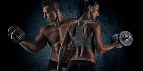 Man and woman performing dumbbell bicep curls for strength training and muscle building