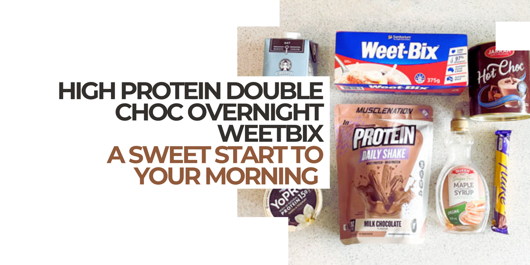 Ingredients for high protein chocolate overnight Weet-Bix including protein powder, maple syrup and cereal