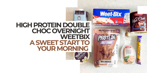 Ingredients for high protein chocolate overnight Weet-Bix including protein powder, maple syrup and cereal