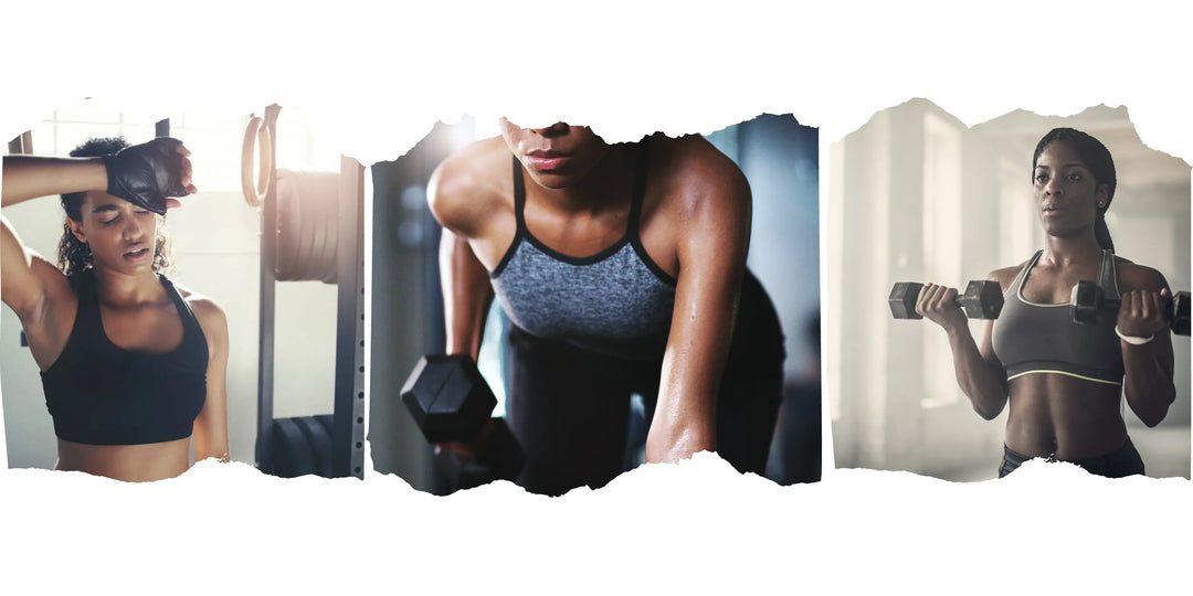 Women strength training with dumbbells in gym, showing fatigue, effort and muscle engagement during workout