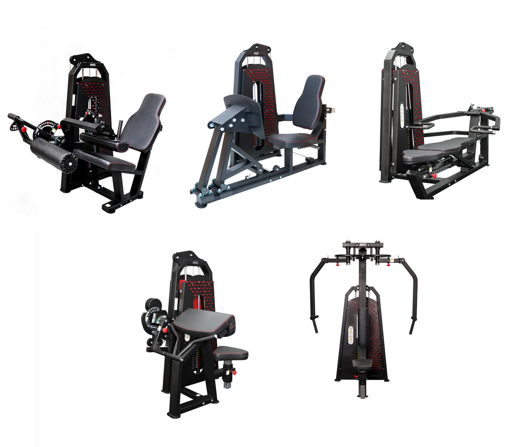 Commercial gym machines including leg curl, leg press, chest press and pec deck equipment for strength training