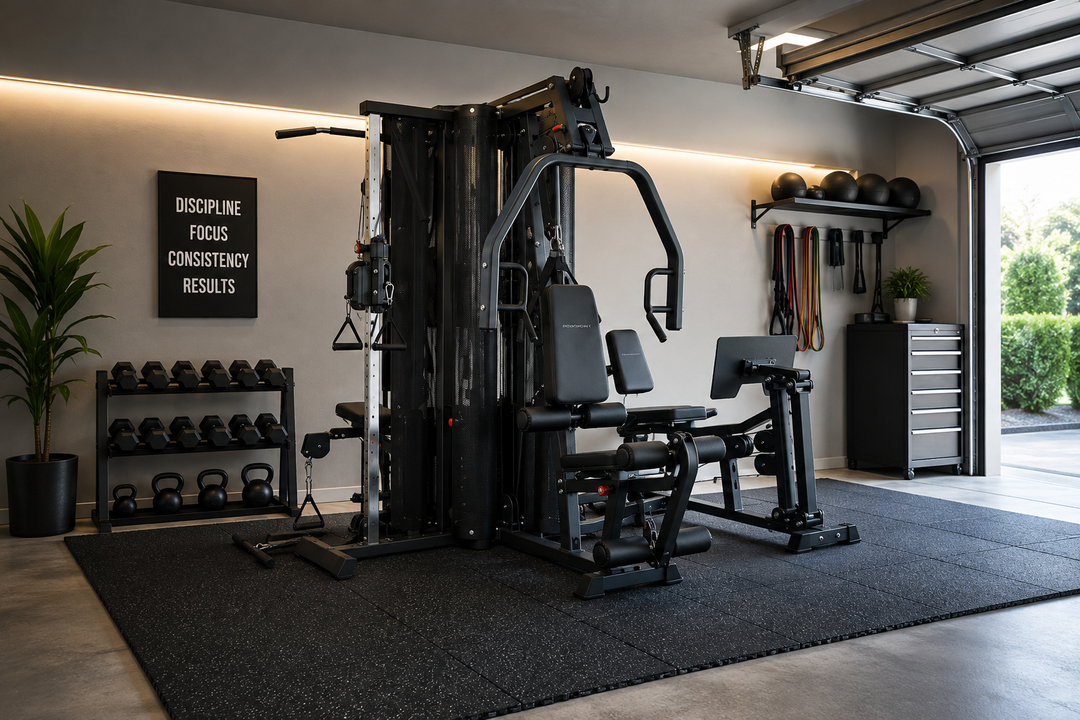 Home gym set up on rubber flooring with proper clearance