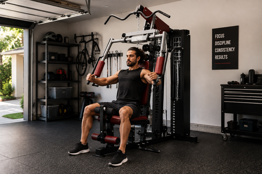 Home gym training session in a garage setup