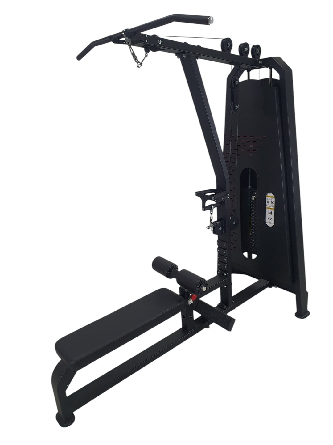 Multi-station home gym machine with lat pulldown bar, weight stack, and adjustable leg support, designed for full-body strength training and home gym workouts.
