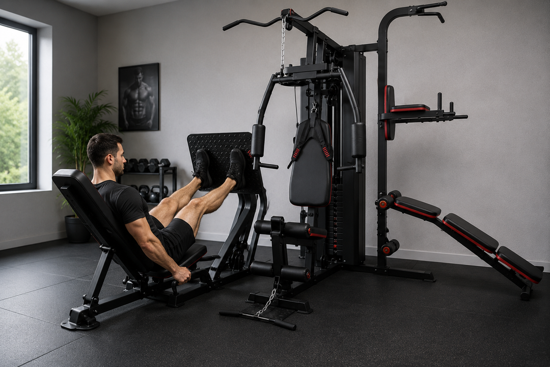Leg press station in use on a home multi station gym
