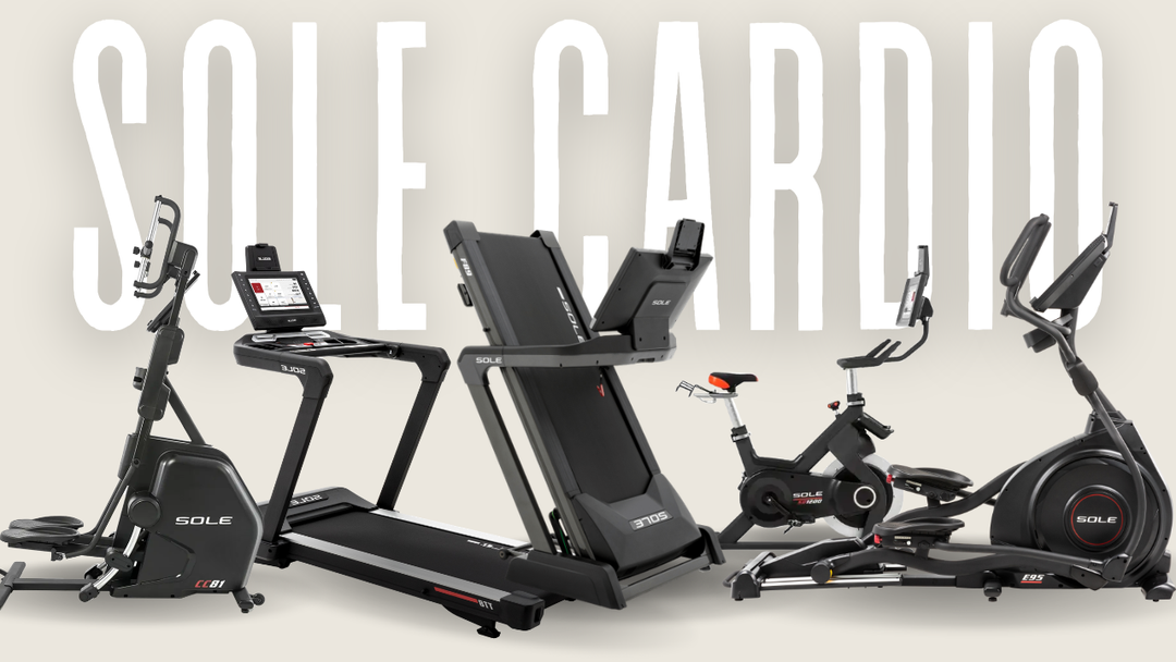 Sole Fitness cardio equipment lineup featuring treadmills, elliptical cross trainers, and indoor spin bikes for home gym training.
