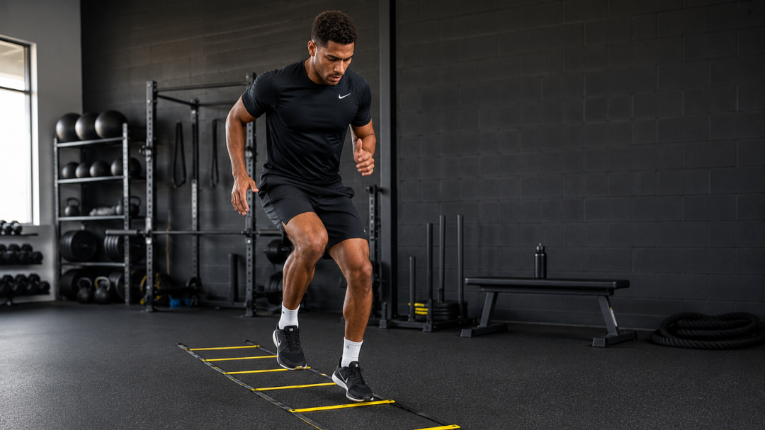 athlete performing agility ladder speed drill for sports training