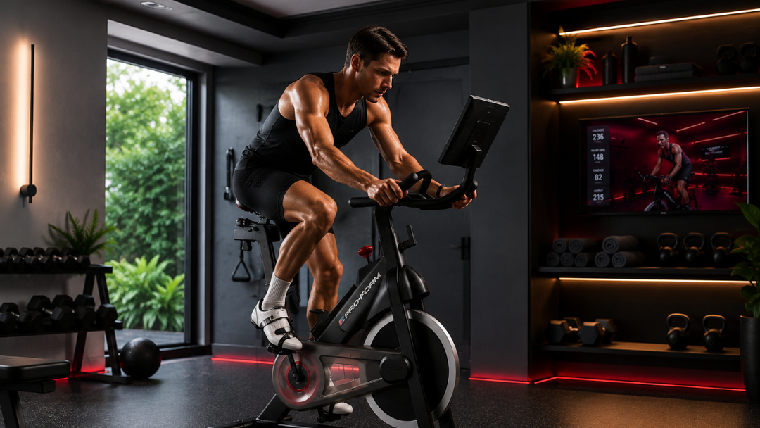 athlete using spin bike for cardio workout in home gym