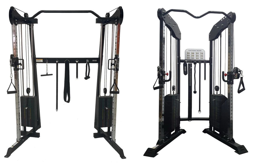 Commercial dual cable machine with adjustable pulleys and weight stacks, ideal for home gym strength training and functional workouts.
