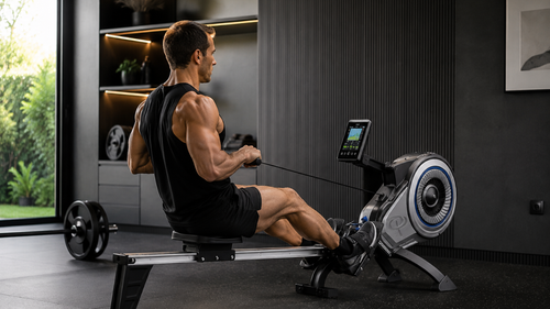 athlete using rowing machine in modern home gym