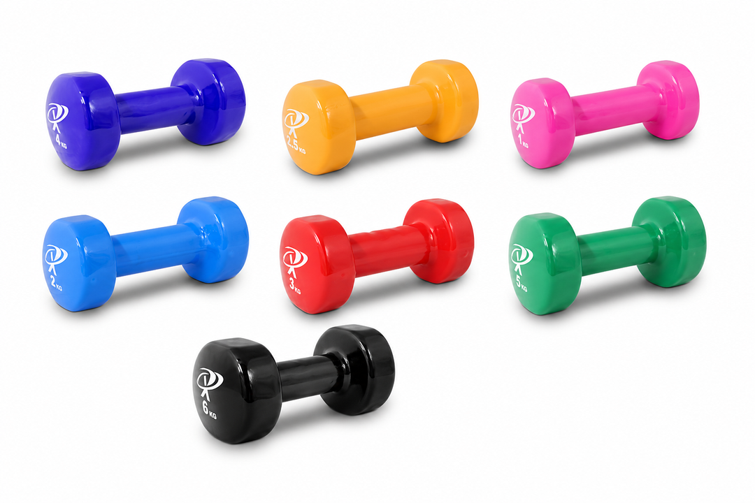 Colourful vinyl dumbbells arranged together in a clean studio layout, showing multiple weight options from light to heavier sizes, each with a glossy finish and clearly marked weight labels.