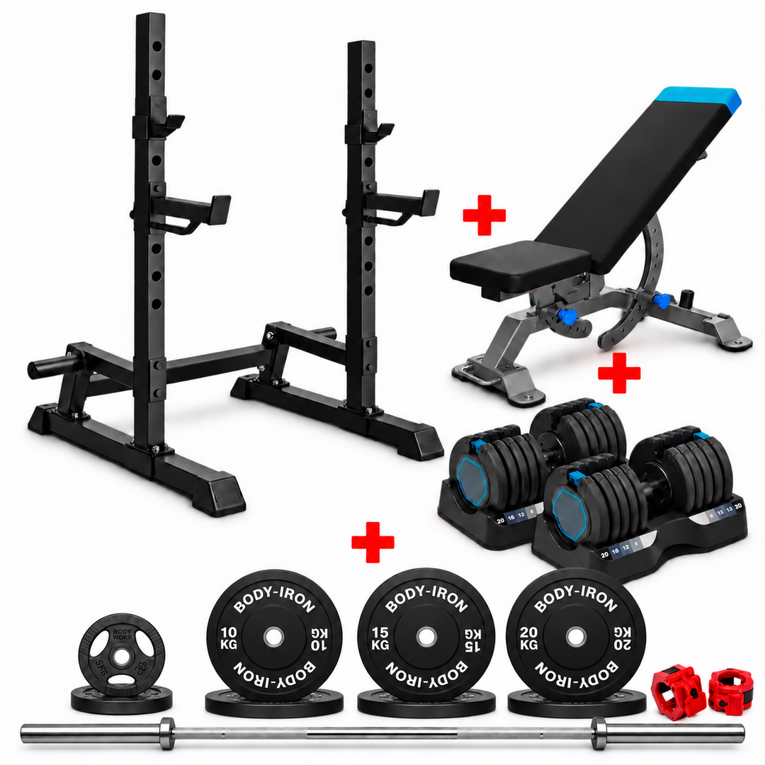 BodyIron® MPX100 Squat Rack Package with ProForm Bench, Adjustable Dumbbells & 120kg Olympic Weight Set