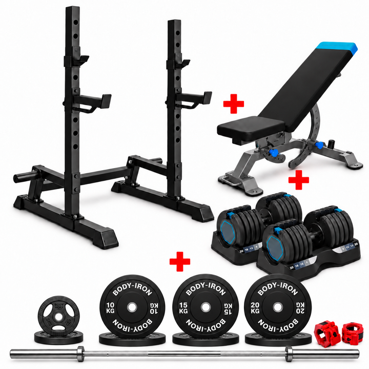 BodyIron® MPX100 Squat Rack Package with ProForm Bench, Adjustable Dumbbells & 120kg Olympic Weight Set