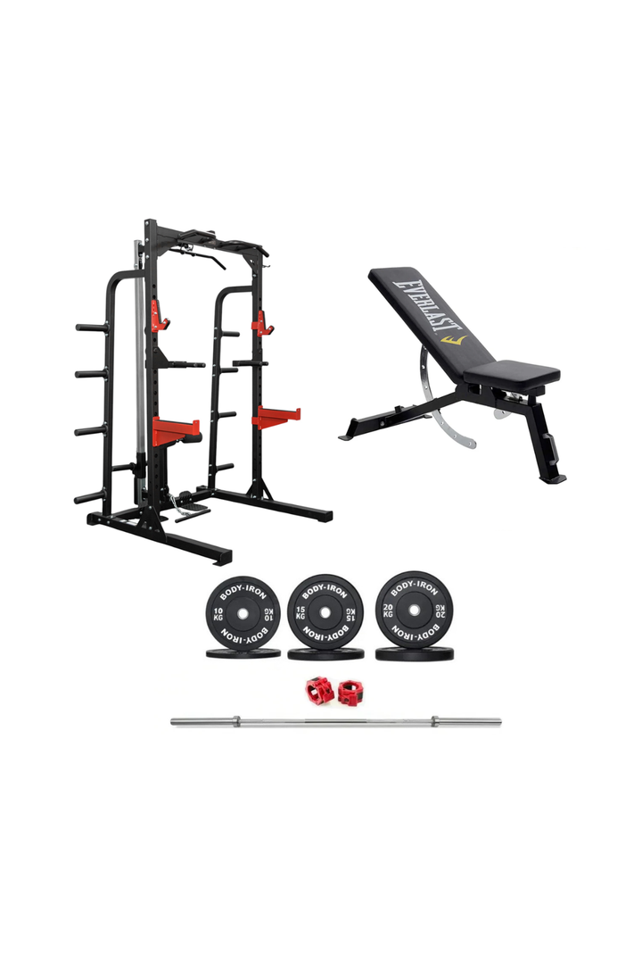 BodyIron® Studio HR600 Half Rack Elite Set + 110kg Olympic Barbell & Bumper Plate Set