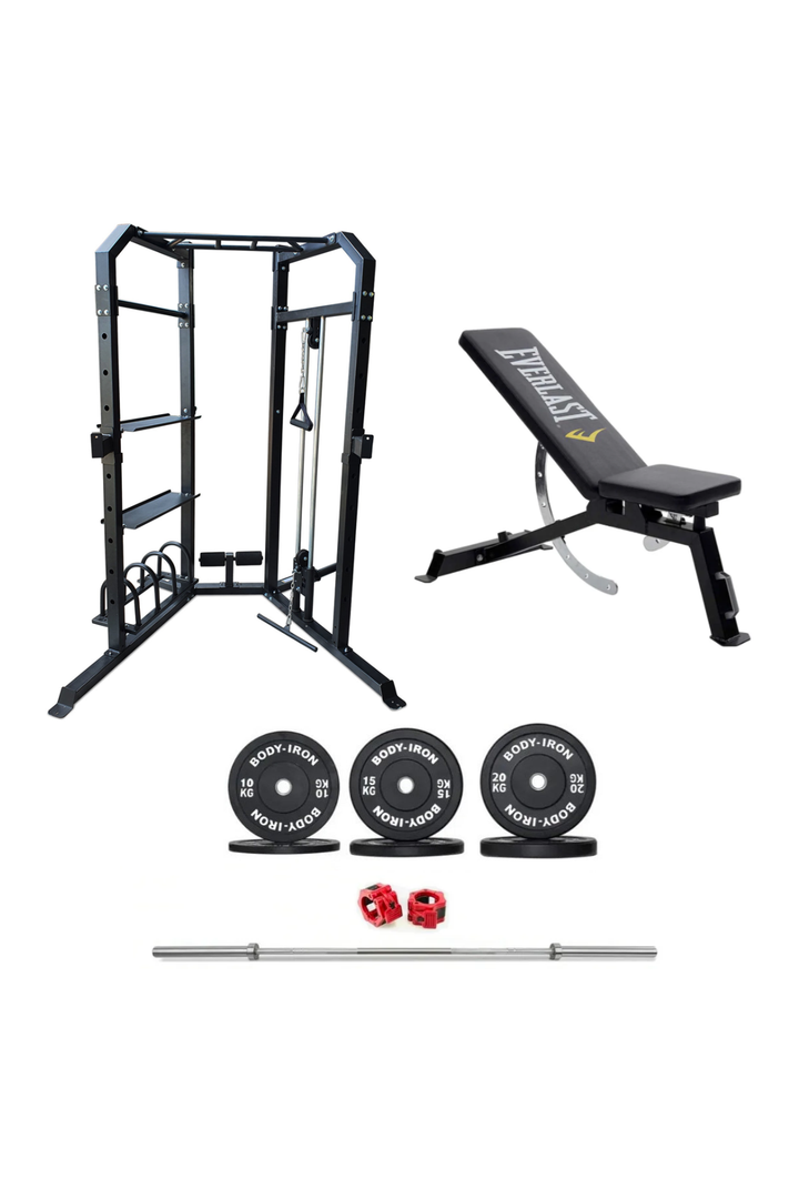 BodyIron® Power Cage System MC350 Elite Set + 110kg Olympic Barbell & Bumper Plate Set