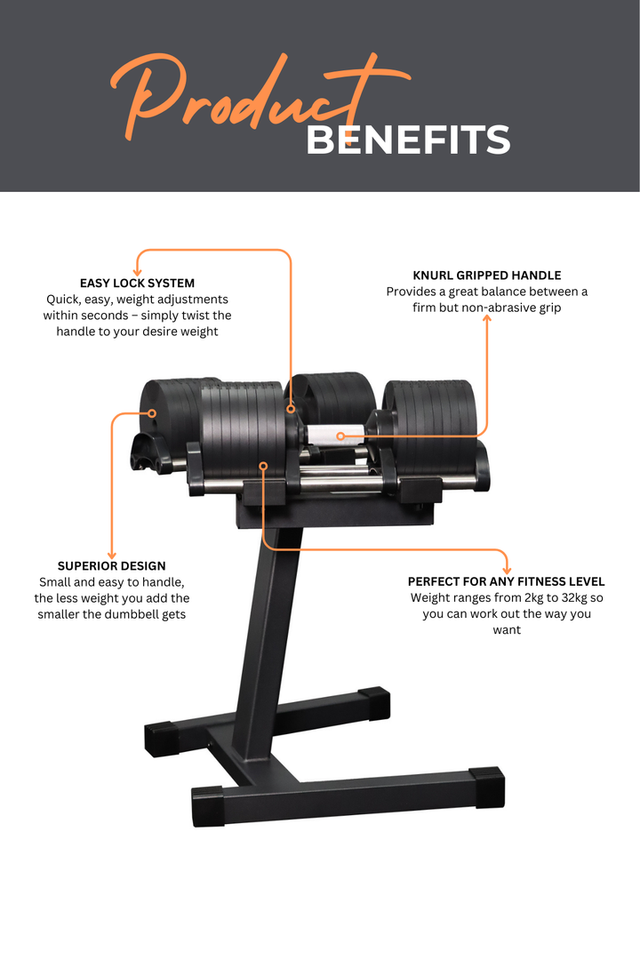 Body Iron Adjustable Dumbbell Set 2 X 32KG with Rack