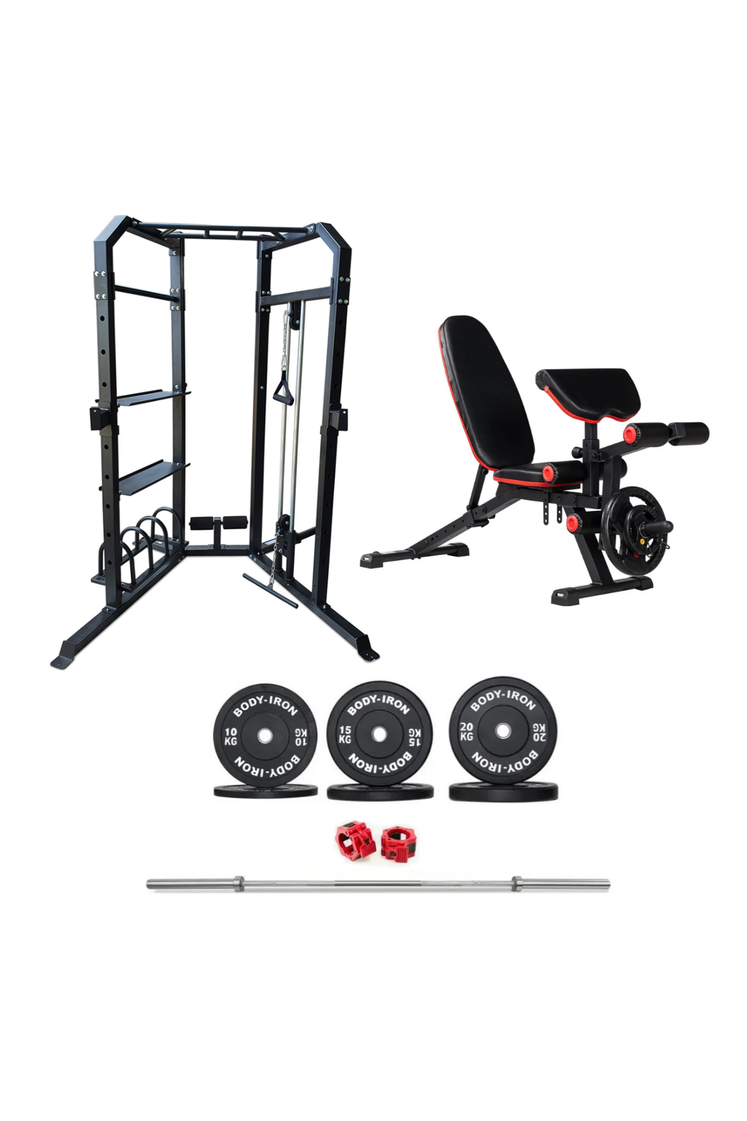 BodyIron® Power Cage System MC350 Elite Set + 110kg Olympic Barbell & Bumper Plate Set