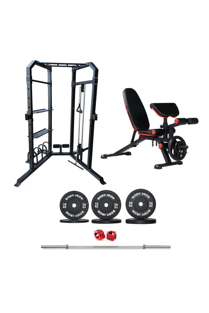 BodyIron® Power Cage System MC350 Elite Set + 110kg Olympic Barbell & Bumper Plate Set