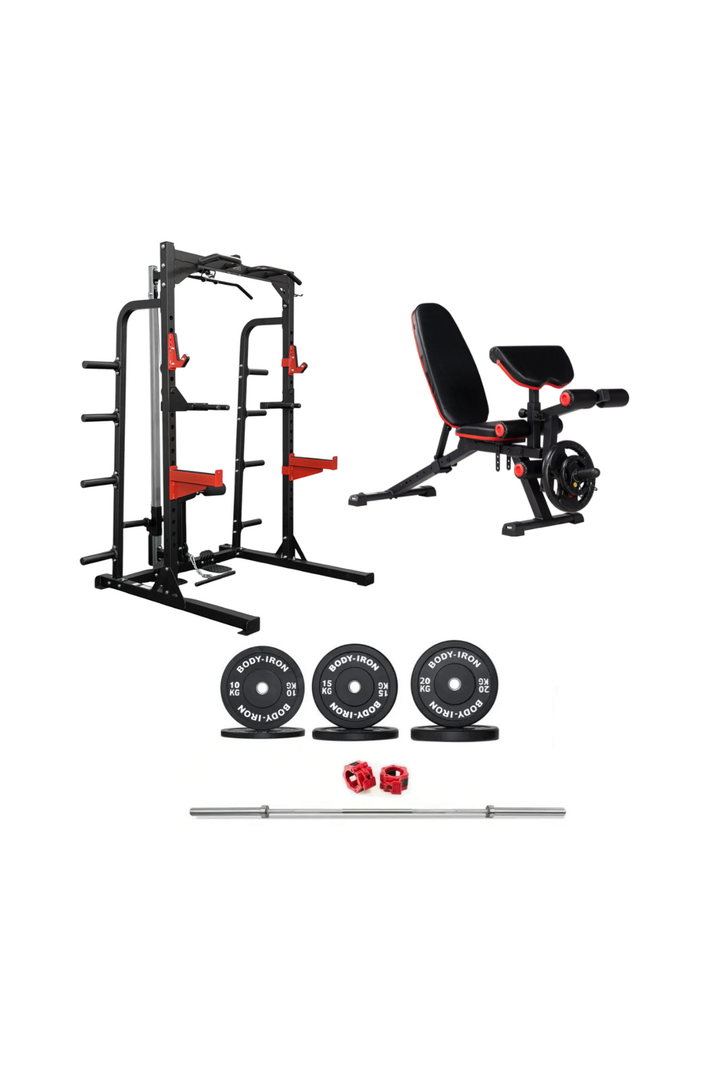 BodyIron® Studio HR600 Half Rack Elite Set + 110kg Olympic Barbell & Bumper Plate Set