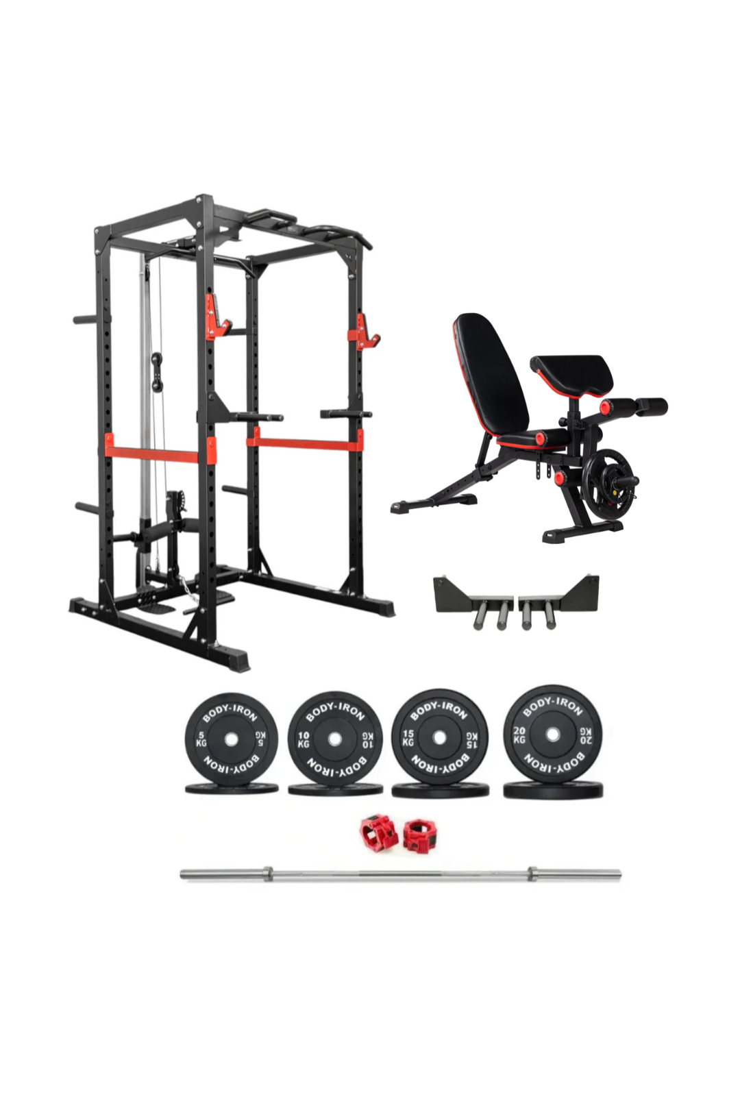 Body Iron Studio PR700 Power Rack Elite Set + 120kg Olympic Barbell & Bumper Plate Set