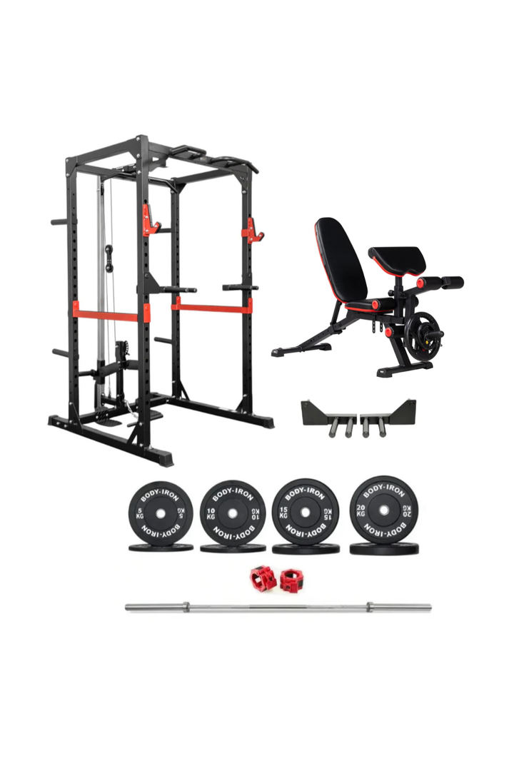 Body Iron Studio PR700 Power Rack Elite Set + 120kg Olympic Barbell & Bumper Plate Set