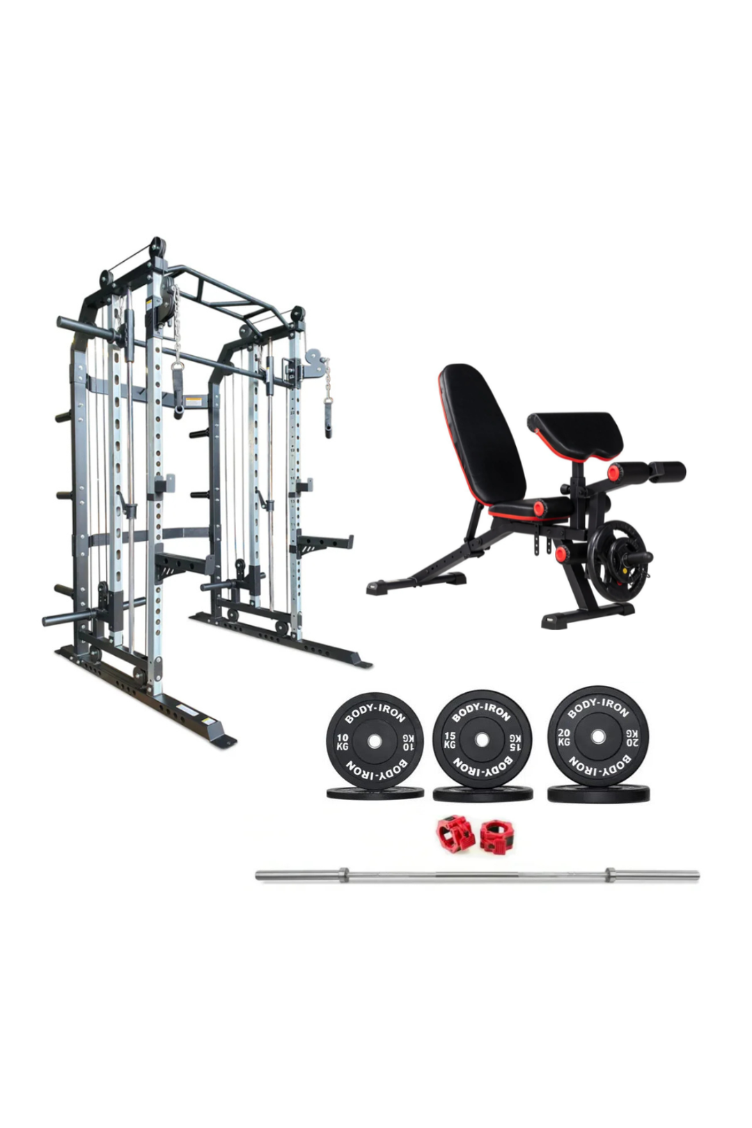 BodyIron® All-In-One Functional Trainer FTG30 + Adjustable Bench + 110kg Olympic Barbell & Bumper Plate Set
