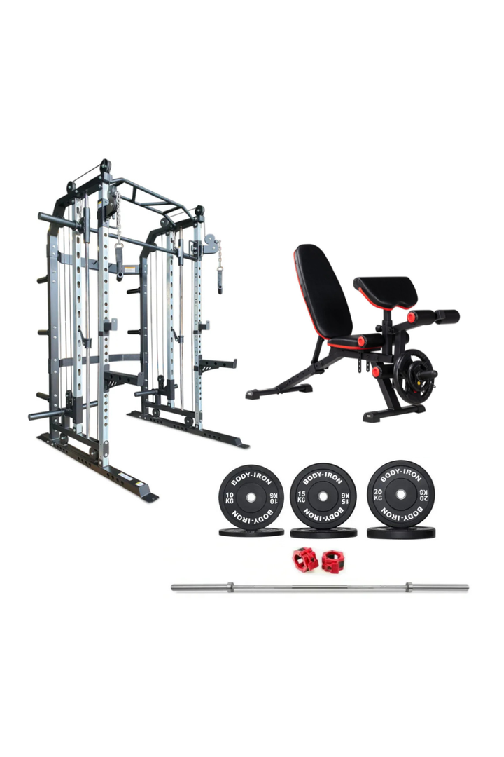 BodyIron® All-In-One Functional Trainer FTG30 + Adjustable Bench + 110kg Olympic Barbell & Bumper Plate Set
