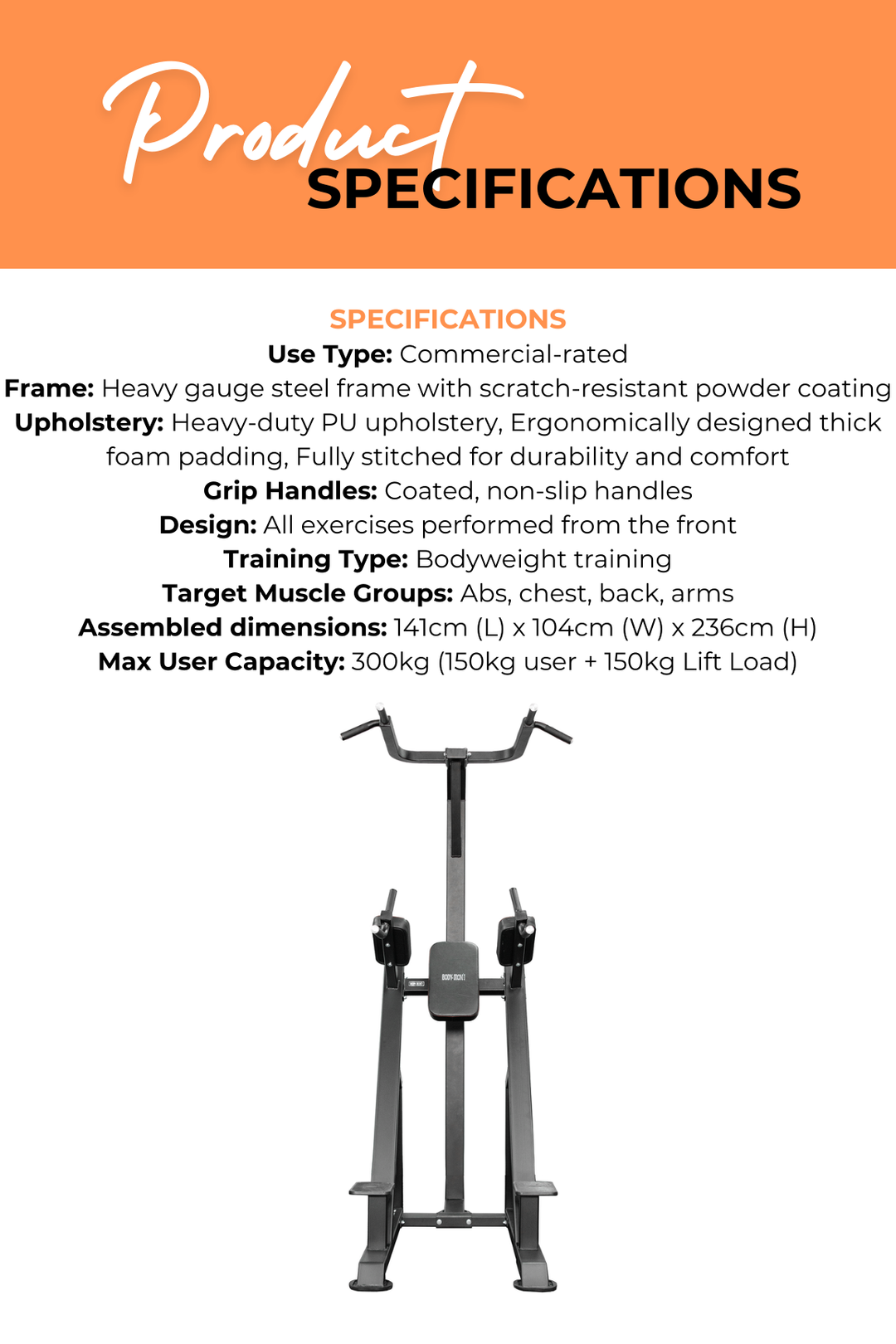 Body Iron Commercial Vertical Knee Raise / Dip / Pull Up Power Tower