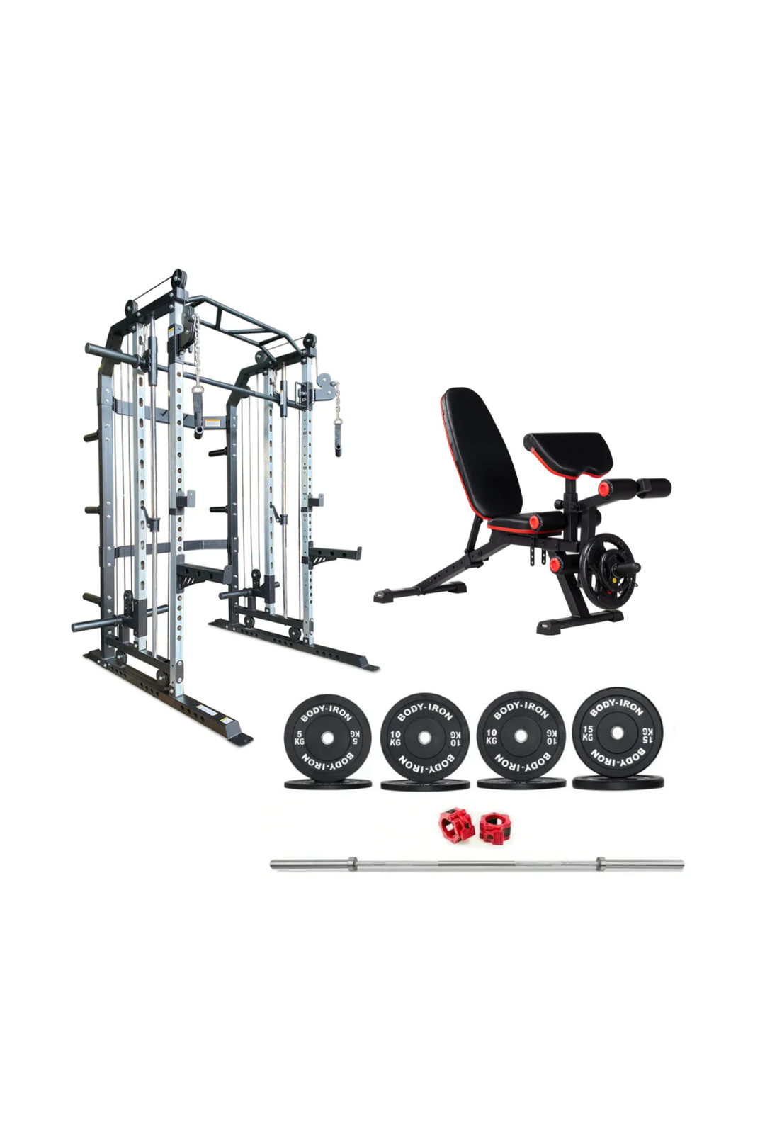 Body Iron All-In-One Functional Trainer FTG30 + Adjustable Bench + 120kg Olympic Barbell & Bumper Plate Set