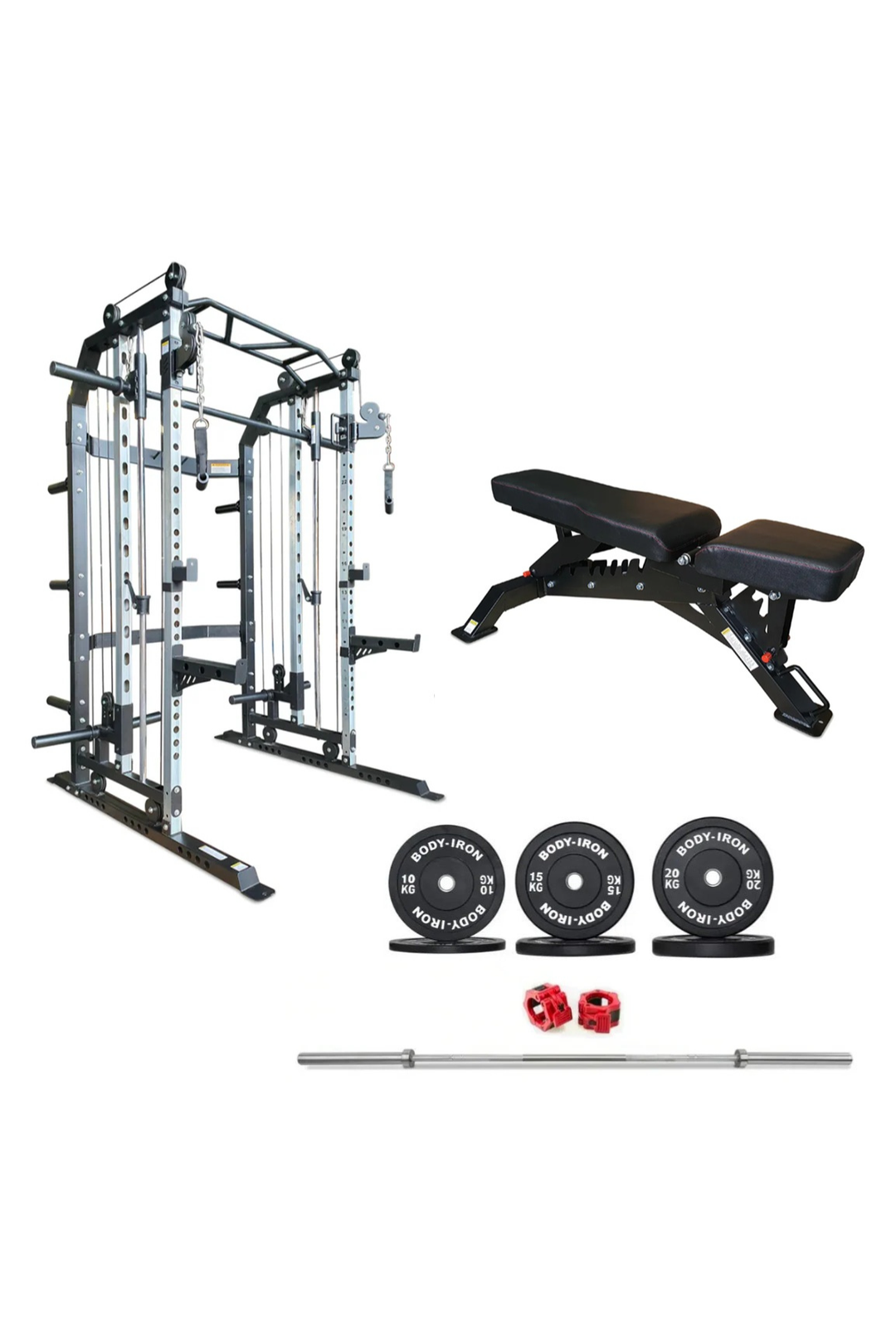 BodyIron® All-In-One Functional Trainer FTG30 + Adjustable Bench + 110kg Olympic Barbell & Bumper Plate Set