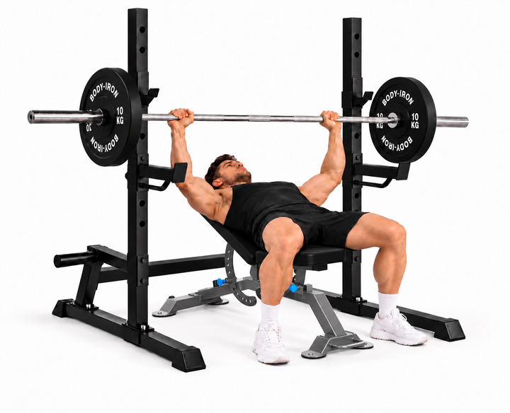 BodyIron® MPX100 Squat Rack Package with ProForm Bench, Adjustable Dumbbells & 120kg Olympic Weight Set