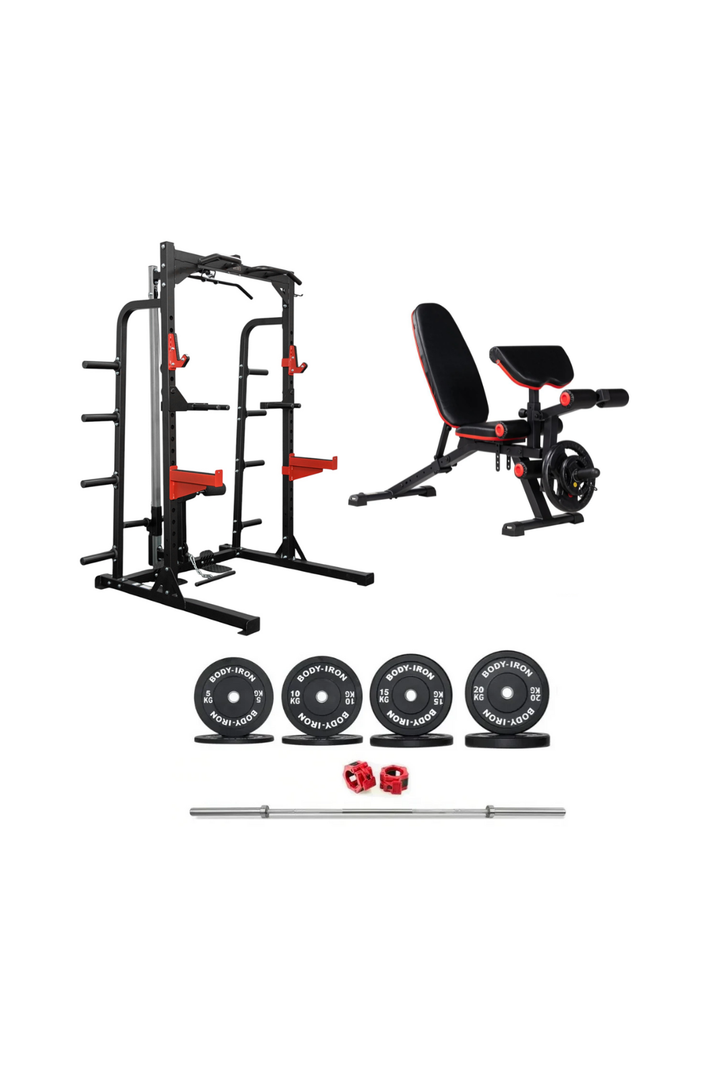 Body Iron Studio HR600 Half Rack Elite Set + 120kg Olympic Barbell & Bumper Plate Set
