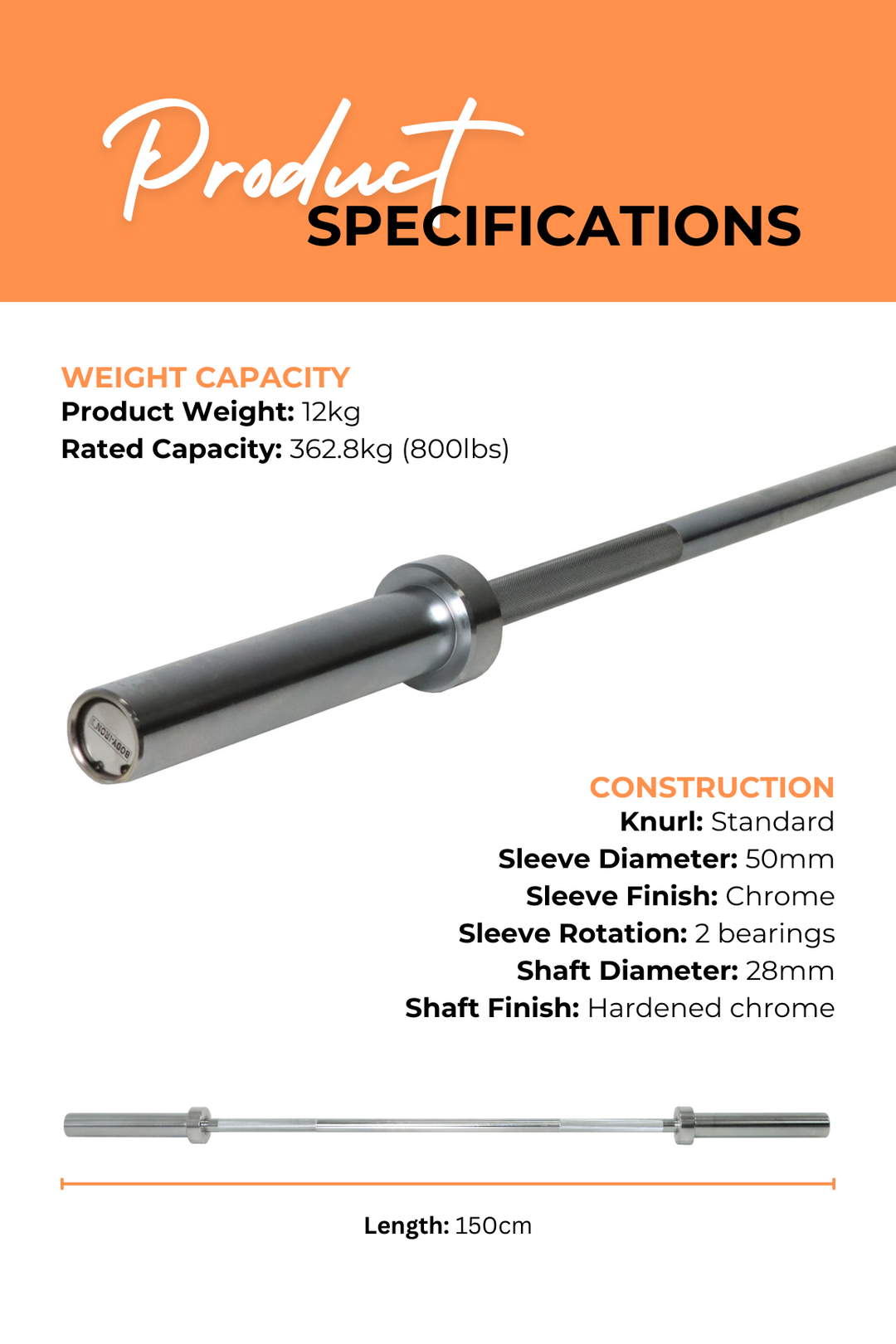5ft Olympic Barbell by Body Iron World Fitness Australia