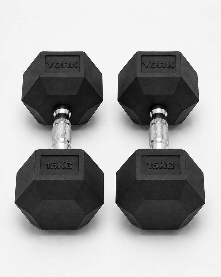 York 15kg Commercial Rubber Hex Dumbbell Pair