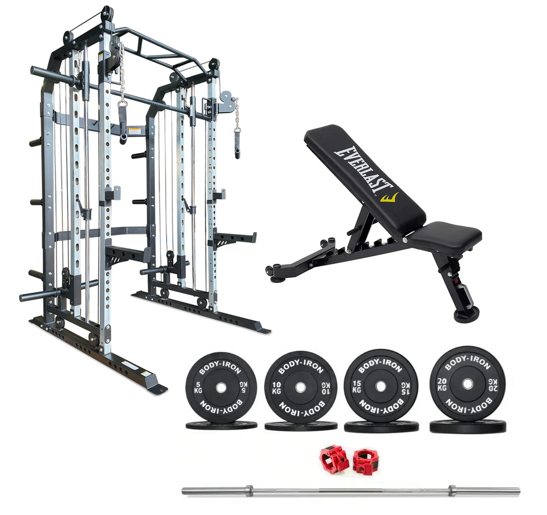 Buy Body Iron All In One Functional Trainer FTG30 Adjustable Bench 120kg Olympic Barbell Bumper Plate Set Online World Fitness Australia