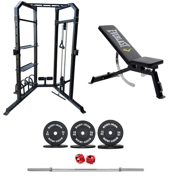 Body Iron Power Cage System MC350 Elite Set + 80kg Olympic Barbell & Bumper Plate Set